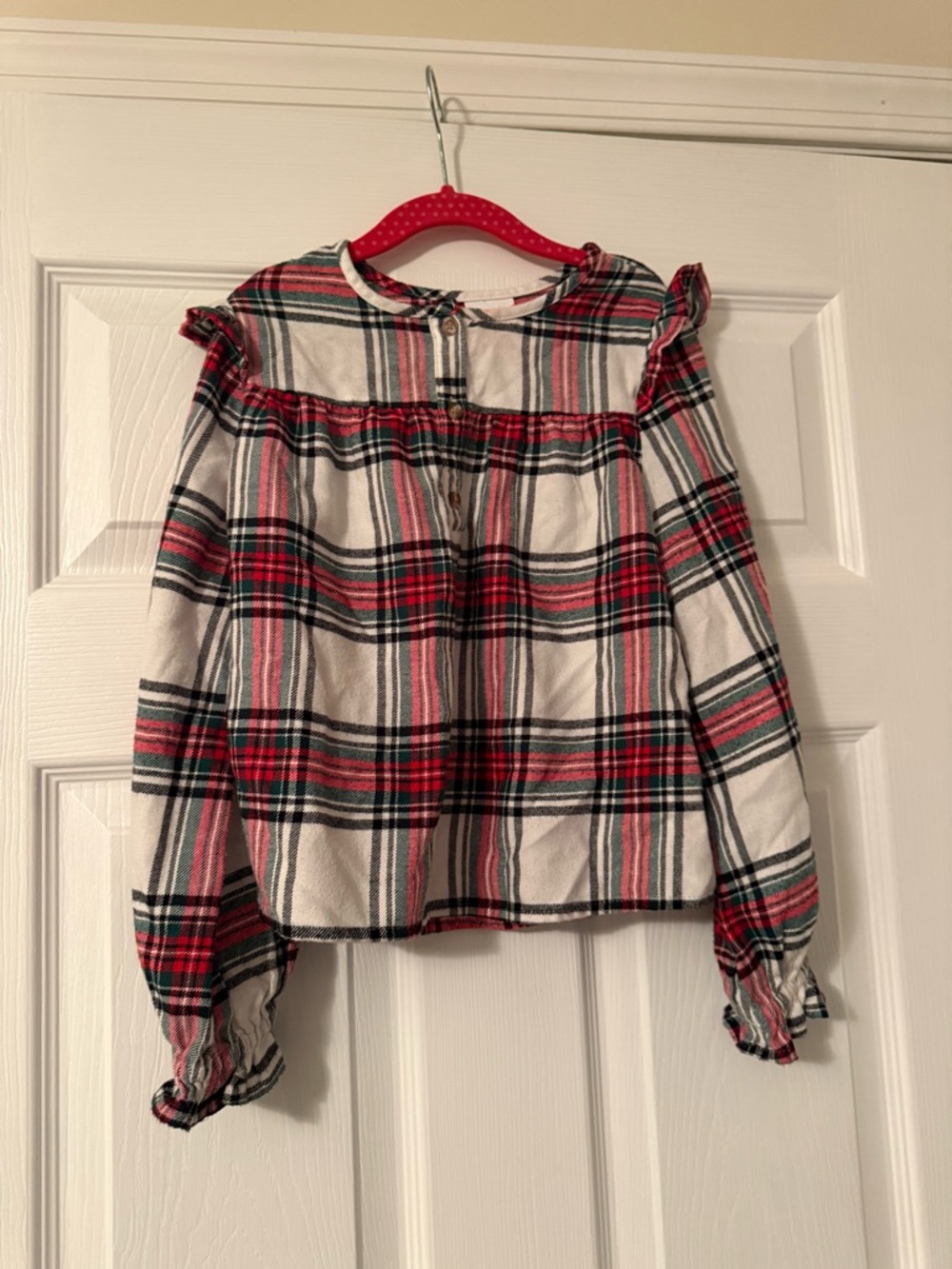 jumping beans White and Red Plaid Long-Sleeve Ruffle Yoke Top